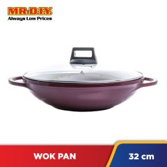 (MR.DIY) Premium Double Holder Non-Stick Wok Pan With Glass Lid (32cm)